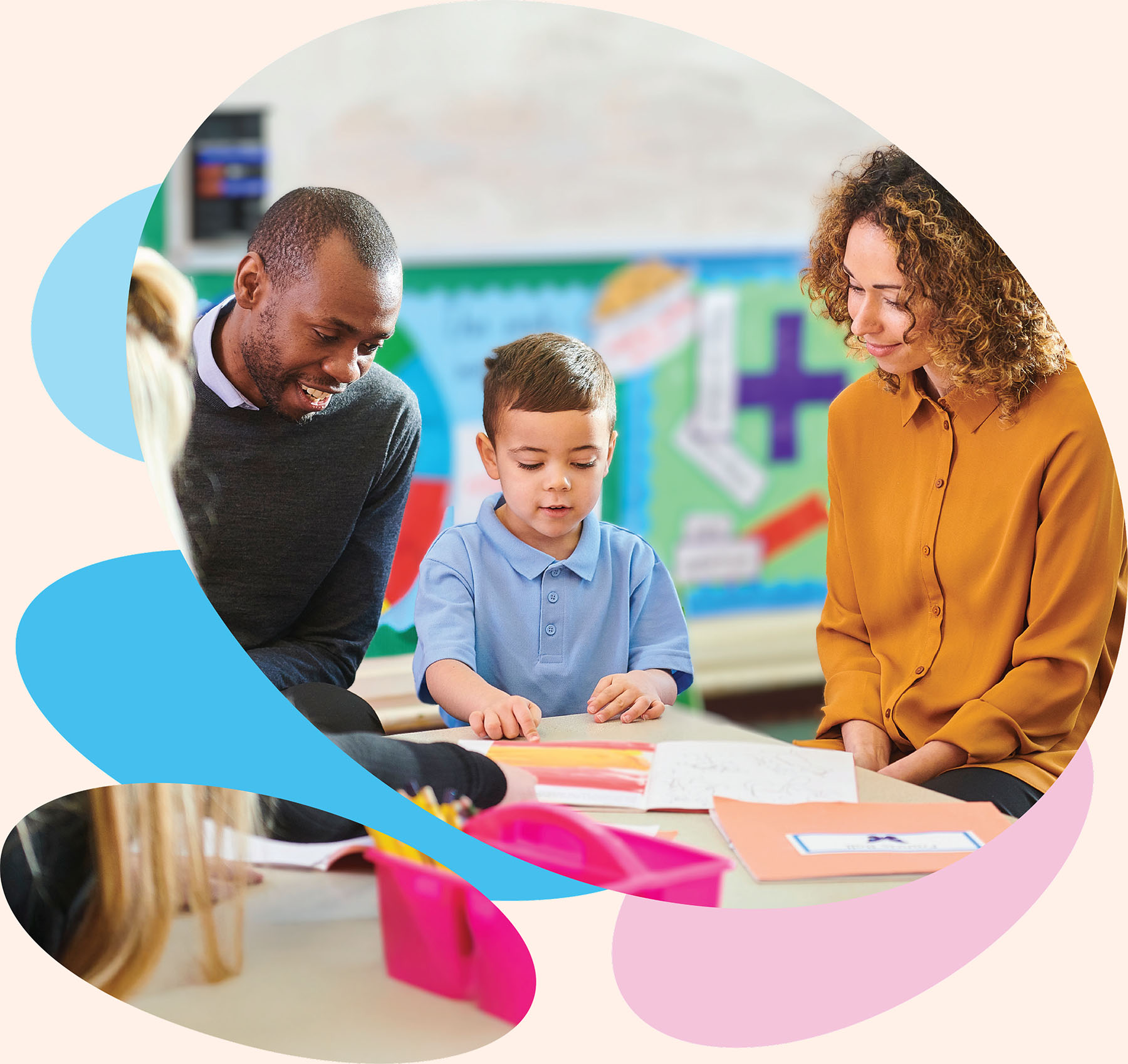 Child reviewing learning materials with caregivers during collaborative, family-centered pediatric therapy session in Orlando